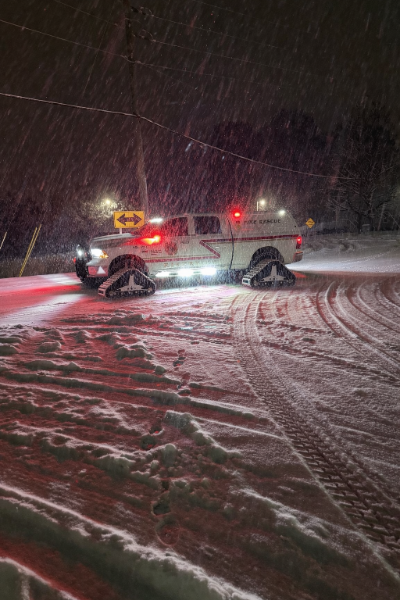 Riverview Fire Department Utility 1, a tracked vehicle, in the snow